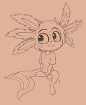  2017 alec8ter amphibian anthro axolotl big_eyes blush brown_background clothed clothing female monochrome salamander simple_background sitting smile solo tidbit 