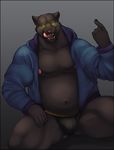  bedroom_eyes black_fur clothing coat feline finger_up fur glowing glowing_eyes half-closed_eyes horrorbuns jockstrap male mammal musclegut muscular nipples panther seductive simple_background slightly_chubby solo spread_legs spreading sweater tongue tongue_out underwear 