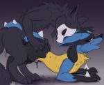  2018 anthro black_nose blue_eyes canine digital_media_(artwork) duo lucario male mammal melting meraence nintendo open_mouth paws pok&eacute;mon pok&eacute;mon_(species) puro_(changed) simple_background video_games 