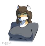  2017 anthro big_breasts breasts brown_hair canine clothed clothing corporalbackrubs digital_media_(artwork) female fox fur green_eyes hair half-length_portrait long_hair looking_at_viewer mammal multicolored_fur orange_fur portrait shirt simple_background smile solo white_background white_fur 