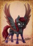  cutie_mark dennyvixen ear_piercing equine eyelashes fan_character feathered_wings feathers female feral fur grey_fur hair hooves mammal my_little_pony pegasus piercing red_eyes red_feathers red_hair solo standing wings 