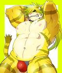  abs anthro bandage blonde_hair clothing feline fur green_hair grin hair magan male mammal multicolored_hair muscular muscular_male navel nipples pecs pink_nipples pink_nose simple_background smile solo striped_fur stripes teeth tiger tokyo_afterschool_summoners two_tone_hair underwear white_fur yellow_fur yellow_sclera 