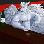  alcohol angel_dragon beverage bottle clothed clothing dragon green_eyes grin keabo male muscular nipples sckhar smile solo topless wine 