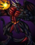  abs black_dragon bulge claws clothing dragon fangs fireball horn loincloth looking_away male membranous_wings muscular muscular_arms muscular_legs muscular_male muscular_thighs pecs penis_outline red_eyes simple_background solo spiked_tail sudonym tongue tongue_out wings 