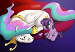  2014 crown cutie_mark duo equine feathered_wings feathers female feral friendship_is_magic hair horn jewelry magic mammal multicolored_hair my_little_pony necklace princess_celestia_(mlp) skecchiart sleeping twilight_sparkle_(mlp) unicorn white_feathers winged_unicorn wings young 