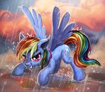  2017 blue_feathers cloud cutie_mark equine feathered_wings feathers female feral friendship_is_magic grin hair harwick looking_at_viewer mammal multicolored_hair my_little_pony outside pegasus rainbow_dash_(mlp) raining red_eyes smile solo spread_wings wet_hair wings 