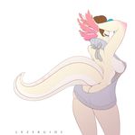  2017 amphibian anthro areola armpits axolotl blue_eyes breasts brown_hair butt erect_nipples female freckles hair looking_at_viewer looking_back lysergide nipples rear_view salamander scales side_boob simple_background solo standing white_background yellow_scales 