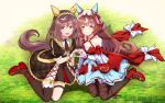  2girls animal_ears asymmetrical_gloves bare_shoulders black_necktie blush braid breasts brown_hair brown_jacket brown_skirt buena_vista_(heroina_inocente)_(umamusume) buena_vista_(umamusume) checkered_collar checkered_hairband closed_mouth collared_shirt commentary_request dress ear_covers ear_ribbon garter_straps gloves hair_between_eyes hair_ornament hairband headband heart heart_hands heart_hands_duo highres horse_ears horse_girl horse_tail jacket long_hair looking_at_viewer medium_breasts medium_hair mismatched_gloves multicolored_hair multiple_girls necktie open_clothes open_jacket open_mouth purple_eyes red_dress red_eyes red_necktie red_ribbon red_shoes ribbon shinohara_shinome shirt shoes short_sleeves single_thighhigh sitting skirt small_breasts smile still_in_love_(scarlet_vow_raiment)_(umamusume) still_in_love_(umamusume) streaked_hair tail thigh_strap thighhighs umamusume veil white_shirt white_streaks white_veil yokozuwari 