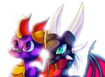  blue_eyes curved_horn cynder dragon duo feral horn membranous_wings plaguedogs123 purple_eyes simple_background smile smooth_horn spines spyro_the_dragon video_games white_background wings 