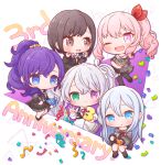  1other 25-ji_miku 25-ji_nightcord_de._(project_sekai) 4girls :d :o ;d akiyama_mizuki anniversary asahina_mafuyu blue_eyes blue_hair blush brown_eyes chibi chibi_only closed_mouth commentary_request confetti finger_counting full_body green_eyes grey_hair hair_ribbon hand_up hatsune_miku heterochromia highres long_hair looking_at_viewer middle_w multiple_girls one_eye_closed open_mouth outstretched_arm oyasumirakko pink_eyes pink_hair ponytail project_sekai purple_eyes purple_hair red_ribbon ribbon shinonome_ena short_hair side_ponytail smile vocaloid w yoisaki_kanade 