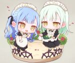  2girls :d apron apron_hold bang_dream! bang_dream!_it's_mygo!!!!! black_dress black_ribbon black_shoes blue_hair blush chibi chibi_only closed_mouth commentary_request cucumber dress frilled_dress frills full_body green_hair grey_background hair_ribbon highres juliet_sleeves long_hair long_sleeves maid maid_headdress multiple_girls one_side_up open_mouth oyasumirakko puffy_sleeves ribbon shoes sidelocks simple_background smile socks standing togawa_sakiko wakaba_mutsumi white_apron white_socks yellow_eyes 