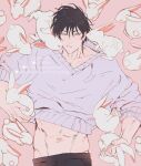  1boy absurdres black_hair closed_mouth clothes_lift fushiguro_toji green_eyes highres jujutsu_kaisen lailu looking_at_viewer lying male_focus midriff on_back pants rabbit scar scar_on_face scar_on_mouth shirt_lift short_hair solo sweater twitter_username upper_body v-neck watermark 