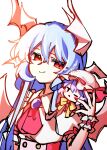  2girls :< alternate_hair_color ascot bat_wings blue_hair bow bowtie brooch closed_mouth collared_shirt commentary_request flandre_scarlet flandre_scarlet_(vampire_pursuing_the_hunter) frilled_shirt_collar frills hat head_wings highres illust_atelier3 jewelry looking_at_viewer mini_person minigirl mob_cap multiple_girls one-hour_drawing_challenge one_eye_closed pink_wings purple_hair red_ascot red_eyes remilia_scarlet remilia_scarlet_(modern-day_makai's_charismatic_mistress) shirt siblings simple_background sisters smile touhou touhou_lostword white_background white_hat white_shirt wings wrist_cuffs yellow_bow yellow_bowtie 