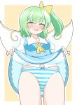  1girl absurdres ascot blue_panties blue_skirt blue_vest blush bow bow_panties breasts clothes_lift collared_shirt commentary_request commission daiyousei embarrassed fairy fairy_wings green_eyes green_hair hair_bow highres lifting_own_clothes medium_breasts medium_hair one_side_up open_mouth panties puffy_short_sleeves puffy_sleeves shirt short_sleeves skeb_commission skirt skirt_lift solo striped_clothes striped_panties thighs touhou underwear vest white_shirt wings yellow_ascot zenji029 