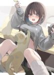  1girl absurdres blush breast_lift breasts brown_eyes brown_hair cat colored_inner_hair commentary_request couch dutch_angle grey_sweater highres holding long_sleeves looking_down loose_socks medium_breasts midriff multicolored_hair okishiro_momoka_(shin_no_tenpii) open_mouth original paw_print print_sweater shin_no_tenpii short_hair shorts socks sweat sweater white_socks 