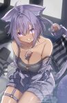  1girl absurdres ahoge animal_ear_fluff animal_ears bare_shoulders blush breasts cat_cutout cat_ears cat_girl cat_tail cleavage clothes_pull clothing_cutout collarbone commentary_request crop_top fingernails hair_between_eyes highres hiiragi_kifuyu hololive jacket large_breasts looking_at_viewer medium_hair navel nekomata_okayu nekomata_okayu_(membership) no_bra official_alternate_costume onigirya_(nekomata_okayu) open_clothes open_jacket partially_unzipped purple_eyes purple_hair purple_jacket smile tail virtual_youtuber watermark 