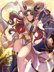  absurdres armpits arms_up bare_shoulders black_hair earrings fate/grand_order fate_(series) grin hair_ribbon heavenly_boat_maanna highres hoop_earrings ishtar_(fate/grand_order) jewelry long_hair long_legs looking_at_viewer navel red_eyes ribbon single_thighhigh smile solo teffish thigh_gap thighhighs two_side_up 