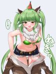  1girl ahoge animal_costume aozorayukkuri bare_arms bare_shoulders belt blush bra breasts brown_eyes commentary_request deale_(nyanko_daisensou) denim green_bra green_hair grey_background hat highres jeans medium_breasts navel nyanko_daisensou pants party_hat removing_costume sidelocks simple_background solo steam steaming_body twintails underwear wolf_costume 