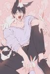  1boy absurdres animal_ears black_hair commentary_request fangs fingernails foot_out_of_frame fushiguro_toji green_eyes highres jujutsu_kaisen knee_up lailu looking_to_the_side male_focus open_mouth pants pink_background rabbit scar scar_on_face scar_on_mouth sharp_fingernails short_hair sitting solo sweater tail twitter_username v-neck 