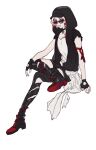  1girl absurdres amyucheu bandaid bandaid_on_cheek bandaid_on_face baseball_cap black_boots black_choker black_gloves black_jacket black_pants boots choker fingerless_gloves fu_hua fu_hua_(phoenix) full_body glasses gloves hat highres honkai_(series) honkai_impact_3rd hood hood_up invisible_chair jacket long_hair looking_at_another looking_at_viewer pants red_eyes shirt shoe_soles simple_background sitting sleeveless sleeveless_jacket solo torn_clothes torn_pants white_background white_hair white_shirt 