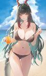  1girl absurdres arknights arknights:_endfield beach bikini black_bikini blue_sky blush breasts commentary cup day dragon_girl dragon_horns dragon_tail drinking_straw eastern_dragon_horns eastern_dragon_tail english_commentary glass green_eyes green_hair highres holding holding_cup horns juice loincloth long_hair looking_at_viewer multicolored_hair navel ocean orange_juice outdoors pointy_ears red_horns sky swimsuit tail vitaminechan water zhuang_fangyi_(arknights) 