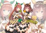  2girls animal_ears black_bow black_corset black_hairband blue_eyes blunt_bangs blush bow braid breasts brown_hair buena_vista_(umamusume) checkered_hairband closed_mouth commentary_request corset dress ear_covers flower gloves green_eyes green_flower hair_between_eyes hair_ornament hairband hime_cut holding holding_flower horse_ears horse_girl horse_tail jacket long_hair looking_at_viewer medium_hair multiple_girls orange_hair orange_tail purple_eyes shinohara_shinome short_sleeves silence_suzuka_(umamusume) single_glove skirt smile tail trailblazer_bash!_(umamusume) umamusume white_dress white_gloves white_hairband white_jacket yellow_flower zoom_layer 