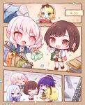  1other 25-ji_nightcord_de._(project_sekai) 4girls :d ^_^ akiyama_mizuki asahina_mafuyu belt birthday blue_jacket blush bow_hairband brown_belt brown_hair brown_hairband brown_shoes brown_shorts cake cellphone chibi chibi_only closed_eyes closed_mouth clothes_hanger commentary_request confetti dated folded_clothes food grey_skirt hairband highres holding holding_clothes_hanger holding_tray jacket kagamine_rin long_sleeves mini_person minigirl multiple_girls open_clothes open_jacket open_mouth oyasumirakko phone project_sekai shinonome_ena shirt shoes short_hair shorts skirt smartphone smile standing streamers tray unworn_shirt white_shirt yoisaki_kanade 