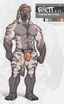 abs amber_eyes anthro balls_outline biceps big_bulge big_muscles big_pecs black_nose bulge chest_tuft claws clothed clothing detailed_bulge ear_piercing fur genital_outline grey_body grey_fur grey_hair hair headgear headkerchief headwear hi_res himbo hyena industrial_piercing jockstrap jockstrap_only kerchief looking_at_viewer male mammal mane mane_hair manly muscular muscular_male nipple_piercing nipples orange_clothing orange_headkerchief orange_jockstrap orange_kerchief orange_underwear pecs penis_outline piercing pubes rhett_(washbearmonty) signature solo standing striped_body striped_fur striped_hyena stripes toe_claws topless tuft underwear underwear_only washbearmonty
