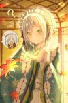  2girls ? absurdres apron asa_no_ha_(pattern) autumn_leaves blurry blurry_background blush brown_ribbon commentary_request egasumi frilled_apron frills green_eyes green_kimono grey_hair hair_ornament hair_ribbon hands_up heart heart-shaped_eyes highres hinomori_shiho hinomori_shizuku indoors interlocked_fingers japanese_clothes kimono koromonme66 leaf leaf_hair_ornament leaf_print long_sleeves looking_at_viewer maid maid_headdress maple_leaf maple_leaf_print mata_konoha_no_irozuku_koro_ni_(project_sekai) multiple_girls official_alternate_costume parted_lips project_sekai raised_inner_eyebrows ribbon ribbon-trimmed_sleeves ribbon_trim short_hair sidelocks solo_focus spoken_character sweatdrop twitter_username upper_body wa_maid watermark white_apron white_headdress wide_sleeves 
