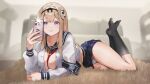  1girl absurdres black_hairband black_socks blonde_hair blue_sailor_collar blue_skirt breasts chaos_zero_nightmare commentary english_commentary hair_ornament hairband haru_(chaos_zero_nightmare) highres large_breasts long_hair lying necktie no_shoes on_stomach panda_hair_ornament panties phone purple_eyes red_necktie sailor_collar shirt skirt smile socks solo taking_picture the_pose tinkst underwear very_long_hair white_panties white_shirt 