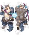  5_fingers 5_toes barefoot bed belt black_nose blush brown_fur bulge butt canine clothed clothing coat dakimakura_design dog feet fundoshi fur japanese_clothing looking_back lying male mammal melee_weapon moritaka multicolored_fur navel nipples on_back on_bed on_front open_coat open_mouth pants pants_around_one_leg pants_down partially_clothed pawpads plantigrade precum raised_leg scar slightly_chubby solo sword tail_between_legs teeth toes tokyo_afterschool_summoners tongue two_tone_fur underwear vambrace weapon 布哥-boog 