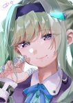  1girl bandaged_fingers bandages birthday blue_bow blue_bowtie bow bowtie close-up commentary_request e69465 green_hair hairband happy_birthday heaven_burns_red highres looking_at_viewer mole mole_under_mouth murofushi_risa purple_eyes upper_body 