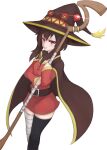 1girl asymmetrical_legwear bandaged_leg bandages belt black_thighhighs breasts brown_belt brown_capelet brown_hair brown_hat capelet commentary dress hat holding holding_staff kono_subarashii_sekai_ni_shukufuku_wo! light_blush looking_at_viewer mage_staff masou megumin mismatched_legwear pout red_dress red_eyes short_dress short_hair sidelocks single_thighhigh small_breasts solo staff thighhighs two-handed white_background witch_hat yellow_trim 
