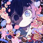  1girl blue_eyes blue_hair cake candy chihuo_pinpan chinese_commentary closed_mouth collarbone commentary_request cookie donut english_commentary film_grain food fruit gummy_bear hair_between_eyes happy_sugar_life heart highres koube_shio looking_at_viewer macaron mixed-language_commentary portrait pretzel short_hair smile solo strawberry strawberry_shortcake 