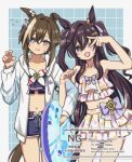  2girls animal_ears bare_shoulders bikini bikini_shorts bikini_skirt blue_bikini blue_eyes blue_swim_trunks blush breasts brown_hair cheval_grand_(summer_calm_navy_drop)_(umamusume) cheval_grand_(umamusume) collarbone commentary_request floral_print floral_print_bikini flying_sweatdrops frilled_bikini frills hair_between_eyes hair_ornament heart heart_hair_ornament heart_necklace holding holding_swim_ring horse_ears horse_girl horse_tail jacket jewelry long_hair looking_at_viewer multicolored_hair multiple_girls navel necklace official_alternate_costume official_alternate_hairstyle one_eye_closed open_mouth pink_bikini print_bikini ruffle_bikini shirasu_udon shorts smile streaked_hair sweatdrop swim_ring swimsuit tail umamusume v vivlos_(eclat_d'ete)_(umamusume) vivlos_(umamusume) white_streaks 