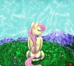  anthro butt clothing cloud fluttershy_(mlp) friendship_is_magic grass harryclopper looking_at_viewer looking_back mountain my_little_pony scenery sky sleeveless_sweater smile sweater virgin_killer_sweater 