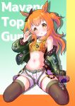  1girl animal_ears belt black_thighhighs blush bomber_jacket bow breasts brown_ribbon character_name commentary_request crop_top dog_tags ear_bow ear_ribbon green_belt green_jacket horse_ears horse_girl jacket long_hair long_sleeves looking_at_viewer mayano_top_gun_(scramble_zone)_(umamusume) mayano_top_gun_(umamusume) midriff navel open_clothes open_jacket orange_hair parted_lips ribbon shirt shoes shorts single_bare_shoulder sitting small_breasts solo stomach thighhighs thighs two_side_up umamusume wariza white_shorts yellow_shirt yoshiharu_izumi 