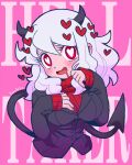  bano_akira black_horns black_jacket blush breasts bright_pupils commentary_request demon_girl demon_horns demon_tail drooling heart heart-shaped_pupils helltaker horns jacket large_breasts long_hair looking_at_viewer modeus_(helltaker) open_mouth pink_background red_sweater ribbed_sweater smile sweater symbol-shaped_pupils tail turtleneck turtleneck_sweater white_hair white_pupils 