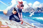  1girl animal bag black_cat black_dress black_hair bow broom broom_riding brown_hair cat commentary dress hair_bow highres holding kiki_(majo_no_takkyuubin) majo_no_takkyuubin open_mouth peaceablecolt red_bow short_hair smile solo studio_ghibli 