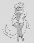 anthro bunny_costume canid canine clothing costume femboy fox hand_on_hip l0cknes legwear male mammal monochrome paprika_(l0cknes) solo thick_thighs thigh_highs