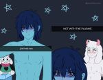 absurd_res anthro blue_body blue_hair blue_skin blush bovid caprine caption darkner deltarune duo embarrassed english_text eyewear femboy fur glasses goat green_eyewear green_glasses hair half_naked hi_res horn human inside kris_dreemurr long_ears looking_at_viewer male male/male male_anthro mammal meme nipples peachboysmut pink_eyes pink_horn pink_nipples plushie ralsei red_eyes simple_background text undertale_(series) wearing_glasses white_body white_fur
