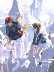 2girls :d absurdres bag black_cat black_dress black_hair black_shirt black_shoes bow broom broom_riding brown_eyes brown_hair brown_shoes building cardcaptor_sakura cat dress european_architecture eye_contact face-to-face from_above fuuin_no_tsue green_eyes hair_bow high_up highres jiji_(majo_no_takkyuubin) kero_(cardcaptor_sakura) kiki_(majo_no_takkyuubin) kinomoto_sakura ling5707 looking_at_another majo_no_takkyuubin miniskirt multiple_girls neckerchief pleated_skirt profile red_bag red_bow sailor_collar school_uniform shirt shoes short_dress short_hair short_twintails shoulder_bag skirt smile socks tomoeda_elementary_school_uniform twintails white_neckerchief white_sailor_collar white_skirt white_socks 