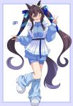  07nono06 1girl absurdres animal_ears apron beret blue_eyes blue_jacket blue_ribbon blue_shorts blue_track_suit blush breasts brown_hair commentary_request double_v ear_covers frilled_apron frills hair_between_eyes hat highres horse_ears horse_girl horse_tail jacket jersey_maid leg_warmers long_hair looking_at_viewer loose_socks maid maid_apron mole mole_under_eye multicolored_hair open_mouth ribbon shorts single_ear_cover smile socks solo standing standing_on_one_leg streaked_hair tail track_jacket track_suit twintails umamusume unconventional_maid v vivlos_(umamusume) waist_apron white_apron white_hat 