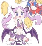  2girls @_@ arm_up armpits blue_hair blush_stickers breasts cheering cheerleader clothing_cutout cropped_head demon_girl demon_horns demon_tail demon_wings groin highres hiiragi_kagami hiiragi_kagami_(succubus_cheer) holding holding_pom_poms horns izumi_konata izumi_konata_(succubus_cheer) long_hair long_sidelocks lucky_star midriff miniskirt multiple_girls navel necktie noniha open_mouth pink_necktie pleated_skirt pom_pom_(cheerleading) print_necktie purple_eyes purple_hair purple_horns purple_shoes purple_skirt purple_slingshot_swimsuit purple_tail purple_wings red_skirt red_slingshot_swimsuit red_tail red_wings revealing_clothes shoes sidelocks sketch skirt sling_bikini_top slingshot_swimsuit small_breasts spread_legs squatting stomach_cutout sweat swimsuit tail thighhighs twintails two-tone_skirt underbust very_long_hair very_long_sidelocks wavy_mouth white_skirt white_thighhighs wide_spread_legs wings 
