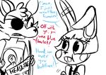  2015 animatronic anthro buckteeth canine dialogue duo english_text eye_patch eyewear five_nights_at_freddy&#039;s five_nights_at_freddy&#039;s_2 fox foxy_(fnaf) hook_hand inkyfrog lagomorph machine male mammal newspaper rabbit restricted_palette robot simple_background teeth text toy_bonnie_(fnaf) video_games white_background 
