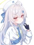  1girl :t absurdres beatrixa_(stella_sora) black_gloves blue_necktie closed_mouth collared_shirt commentary_request crossed_bangs gloves grey_hair hair_between_eyes hair_ornament half_gloves halo highres long_hair long_sleeves looking_at_viewer m4kiba_sora necktie pout red_eyes shirt solo stella_sora stethoscope upper_body wing_collar x_hair_ornament 