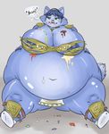 areola belly big_belly blue_fur burping clothed clothing female food food_stains fur green_eyes hand_on_stomach krystal navel nightmarekisser nintendo nipples overweight partially_clothed skimpy slob star_fox thick_thighs tongue torn_clothing video_games weight_gain 