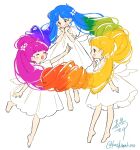  3girls :d barefoot blonde_hair blue_eyes blue_hair blunt_bangs blush_stickers commentary_request dress finger_to_own_chin flower full_body green_hair hair_flower hair_focus hair_ornament hair_rings hands_on_own_chin highres index_finger_raised intertwined_hair kashima_kino leg_up long_hair matching_outfits medium_dress multicolored_hair multiple_girls open_mouth orange_hair original outstretched_arm parted_bangs pink_hair plantar_flexion purple_hair rainbow_gradient rainbow_hair red_hair signature simple_background smile standing tiptoes twintails twitter_username very_long_hair white_background white_dress white_flower white_wings wings yellow_eyes 