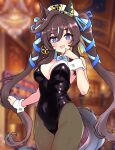  1girl absurdres animal_ears beret black_leotard black_pantyhose blue_bow blue_bowtie blue_eyes blue_ribbon blush bow bowtie breasts brown_hair commentary_request detached_collar ear_covers hair_between_eyes hair_ribbon hat highres horse_ears horse_girl horse_tail large_breasts leotard long_hair looking_at_viewer mole mole_under_eye multicolored_hair nontraditional_playboy_bunny open_mouth pantyhose ribbon single_ear_cover smile solo strapless strapless_leotard streaked_hair tachibana_nukesaku tail twintails umamusume vivlos_(umamusume) white_hat white_wrist_cuffs wrist_cuffs 
