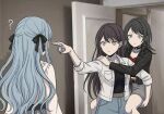  3girls ? bang_dream! bang_dream!_it's_mygo!!!!! belt black_hair black_jacket black_ribbon black_shirt blue_eyes blue_hair brown_hair carrying carrying_person choker collared_shirt commentary_request hair_ribbon highres jacket jewelry kukmmo meme multiple_girls necklace open_clothes open_shirt piggyback pointing pointing_at_another protected_kevin_hart_(meme) purple_eyes red_shirt reference_request ribbon shiina_taki shirt skirt three-quarter_sleeves togawa_sakiko white_shirt yahata_umiri 